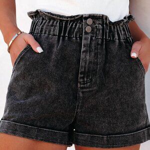 🖤 Black Vintage Washed Frilled High-Waist Denim Shorts – Sizes 12, 14, 16